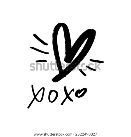 Hand-drawn black isolated heart hugs and kisses XoXo. Brush, ink. Decor element. Valentine's day card, pattern element and love symbol. Vector, clipart.