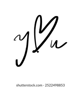 Dibujado a mano corazón aislado negro Letras de inscripción. Cepillo, tinta. Elemento de decoración. Tarjeta del día de San Valentín, elemento de patrón y símbolo de amor. Vector, Clip-arte.