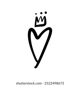 Hand-drawn black isolated royal heart queen or princess with crown. Brush, ink. Decor element. Valentine's day card, pattern element and love symbol. Vector, clip-art.