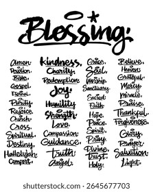 Hand-drawn black lettering of 50 spiritual words on transparent background. Perfect for Christian designs, inspirational prints, and religious creative projects.