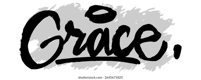 Hand-drawn black “Grace” lettering on gray splatter background. Great for spiritual design, faith-based visuals, and inspirational religious artwork.