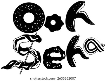 Letras pretas desenhadas à mão soletrando "Ooh Seha" com formas divertidas, vetor para cartazes de eventos, design de mercadorias, banners de mídia social ou maquetes de mercadorias