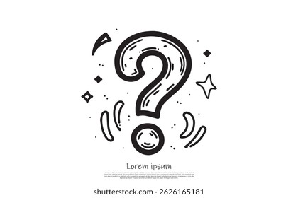 Hand-drawn black line art featuring a question mark surrounded by stars and decorative elements on a clean white background.