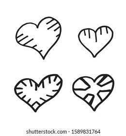 Hand-drawn black line vector set of abstract hearts on a white background. For the design of Valentine's Day, stickers, tattoos, postcards.