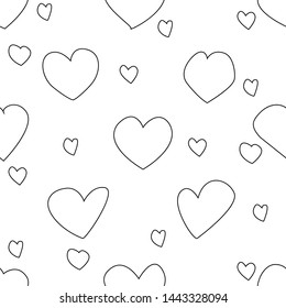 Handdrawn black lined hearts vector seamless pattern for valentine and romantic theme's. Hearts endless walpaper for print or textile. Original black and white background. EPS10