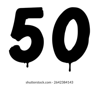 Hand-drawn black number 50 with dripping ink effect. Bold stylized numeric characters for design and print. Vector illustration