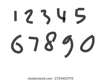 Handgezeichnete schwarze Zahlen von Null bis neun einzeln auf weißem Hintergrund. Einfache und minimalistische digitale Illustration von einfachen mathematischen Ziffern in einem lässigen, handgeschriebenen Stil.