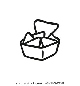 Hand-drawn black outline of a container with triangular food items, likely chips or snacks, with a hinged lid