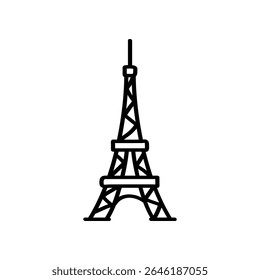 Um contorno preto desenhado à mão da Torre Eiffel destaca-se contra um pano de fundo branco. Sua forma icônica é renderizada em um estilo de linha minimalista