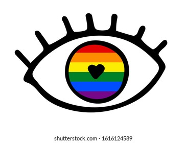 Hand-drawn black outline eye with eyelashes isolated on white background. Loving look with Heart shaped eye pupil of a rainbow color. Symbol of love, romance, equality, LGBT, gays, lesbians, Valentine