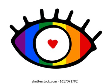 Hand-drawn black outline eye with eyelashes isolated on white background. Loving look with red Heart shaped eye of a rainbow color. Symbol of love, romance, equality, LGBT, gays, lesbians, Valentine