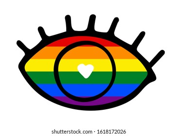 Hand-drawn black outline eye with eyelashes isolated on white background. Loving look with white Heart shaped eye of a rainbow color. Symbol of love, romance, equality, LGBT, gays, lesbians, Valentine