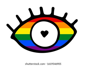 Hand-drawn black outline eye with eyelashes isolated on white background. Loving look with white Heart shaped eye of a rainbow color. Symbol of love, romance, equality, LGBT, gays, lesbians, Valentine