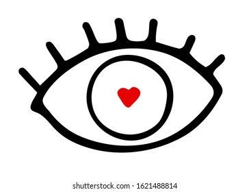 Hand-drawn black outline eye with eyelashes isolated on white background. Loving look with a red heart shaped pupil. Symbol of love, romance, Valentine's Day, wedding, feelings. Vector illustration