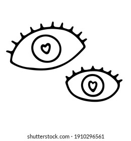 Hand-drawn black outline eye with eyelashes isolated on white background. Loving look with a heart shaped pupil. Symbol of love, romance, Valentine's Day, wedding, feelings. Vector doodle illustration