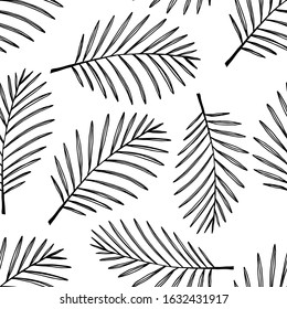 Hand-drawn black outline simple seamless vector pattern. Branches, leaves of a date palm on a white background.