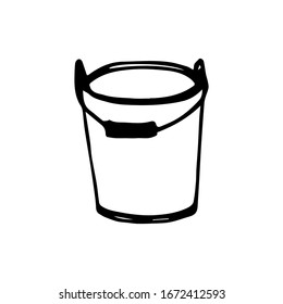 Hand-drawn black outline simple vector sketch. Bucket with pen isolated on a white background. Household items, garden tools, watering.