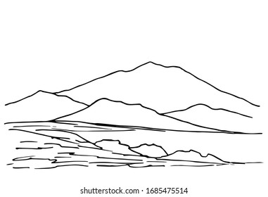 Dibujo simple vectorial de contorno negro dibujado a mano. El contorno de la montaña, líneas, colinas, paisaje panorámico, terreno rocoso. Turismo, viajes, montañismo. Vida silvestre de los países montañosos.