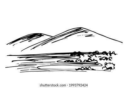 Dibujo simple de vector con contorno negro dibujado a mano. El contorno de la montaña, las colinas, el paisaje, el terreno rocoso. Turismo y viajes, montañismo.