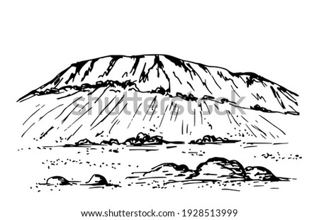 Hand-drawn black outline simple vector drawing. The contour of the mountain, lines, hills, landscape, stone, rocky terrain. Tourism, travel, mountaineering. Wildlife of mountainous countries.