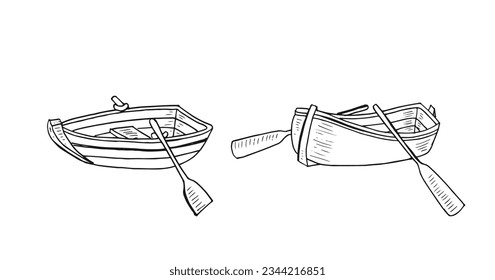 Hand-drawn black outline of two wooden boats vector doodle cartoon.