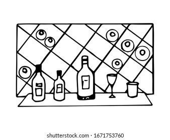 Hand-drawn black outline vector drawing. Rack, shelf with cells, bottles of wine, glasses on the table. Tasting, sale of alcoholic beverages, bar, restaurant. Wine cellar, winemaking.