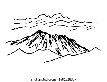 Dibujo vector de contorno negro dibujado a mano. Vida silvestre de los países montañosos, paisaje, contorno de la montaña, cielo con nubes, pico, roca.  Deporte, senderismo, geología, naturaleza.
