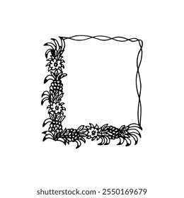 Quadro vetorial de contorno preto desenhado à mão decorado com folhas e flores.