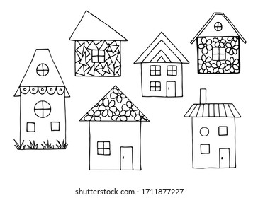 Hand-drawn black outline vector set. Cute cartoon little houses, floral ornament, sweet home. Children's print, sticker, label, coloring.