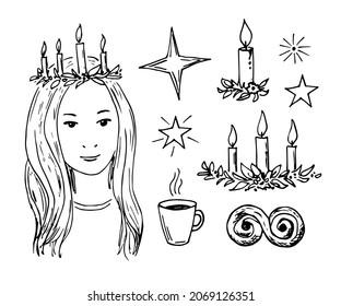 Hand-drawn black outline vector set. Celebrating Saint Lucia's Day, traditional Swedish holiday, Christmas. Girl with a wreath on her head, candles, coffee and a saffron bun, stars. Ink sketch.