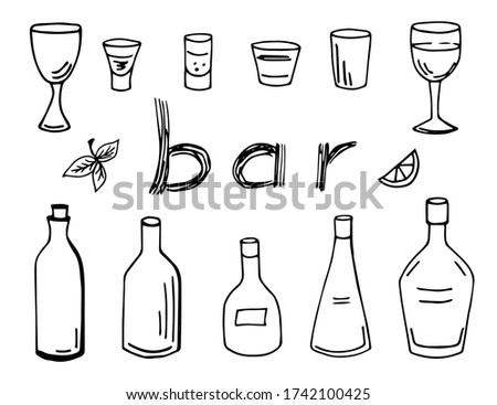 Hand-drawn black outline vector set. Bottles, glasses, the inscription bar. For the design of bar products, cafes.
