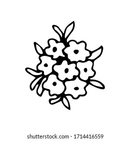 Hand-drawn black outline vector sketch. A simple bouquet of small flowers is isolated on a white background. For prints, sticker, label, logo, postcard. Spring summer season. Garden element, nature.
