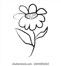 Hand-drawn black paint flowers, Ink drawing flowers and leaves in naive style, Black grunge botanical flower icon. Abstract blossom with leaf.
