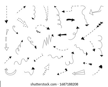 Handdrawn black point line arrows set. Doodle left right down direction sign. Sketch curve dotted zigzag arrow symbol. Business growth up graphic design elements. Isolated on white vector illustration