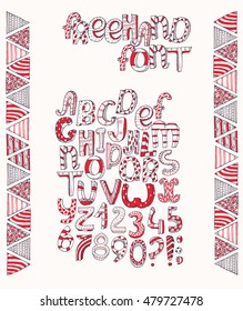 Hand-drawn black, red and white capital letters freehand alphabet, stylish, simple, geometric, ornate with stripes. Three-dimensional, perfect for education and lettering. Drawn with imperfections