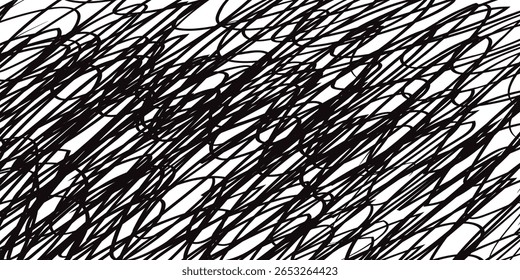 Linhas de rabisco pretas desenhadas à mão sobre fundo branco - Padrão caótico abstrato de rabiscar