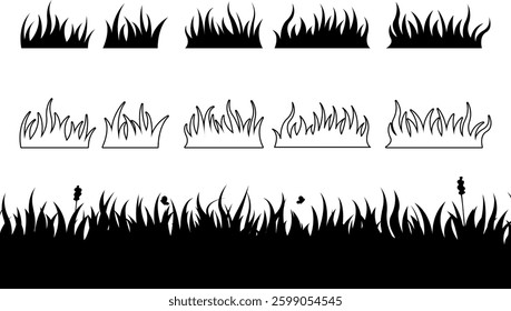 Handdrawn of black silhouette grass collection set. Vector illustration
