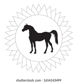 hand-drawn black silhouette of a horse in a star-shaped frame, premium rosette, monochrome image on a white 