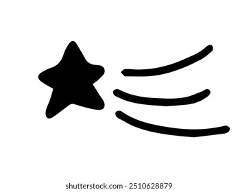 Hand-drawn black silhouette of a shooting star isolated on a white background. Concept of wishes, celestial events, and astronomy. Icon, print, design element.