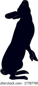 Hand-drawn black silhouettes of cute rabbits sitting in various poses, Isolated On White Background. Detailed vector Illustrations.
