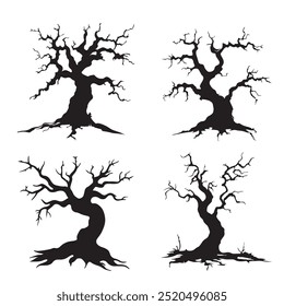 Hand-drawn black silhouettes of eerie, twisted trees with detailed branches, showcasing diverse shapes and styles inspired by Halloween themes.