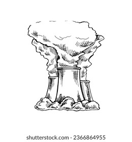 Hand-drawn black sketch of factory pipes with smoke. Vector illustration. The concept of environmental protection.