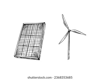Hand-drawn black sketch of solar panel wind turbine. Retro vector illustration. Green energy and renewable source of power concept in simple linear style. Doodle.