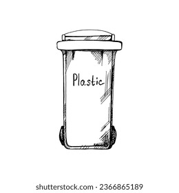 Hand-drawn black sketch of trash container for plastic. Segregate waste, sorting garbage, waste management. Retro ector outline illustration. Doodle.