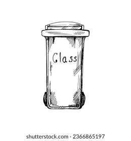 Hand-drawn black sketch of trash container for glass. Segregate waste, sorting garbage, waste management. Retro ector outline illustration. Doodle.