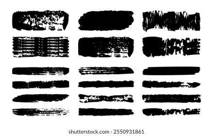 Frotis, rayas y pinceladas de Vector en línea recta dibujadas a mano. Cuadros de texto rectangulares de boceto: conjunto de texturas de líneas gruesas de pintura grunge de las pinceladas de caligrafía china o japonesa.