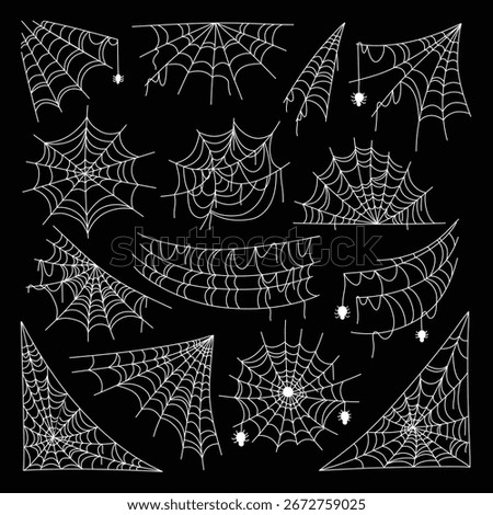 Hand-Drawn Black Spider Web and Hanging Spider Elements in Creepy Halloween-Inspired Line Art Style