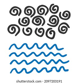 Hand-drawn black spirals and blue waves, isolated element on white background