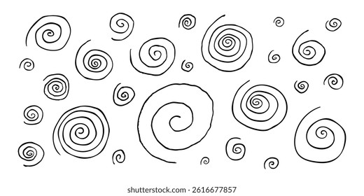Hand-drawn black spirals scattered across a white background, creating a whimsical, abstract pattern ideal for creative designs