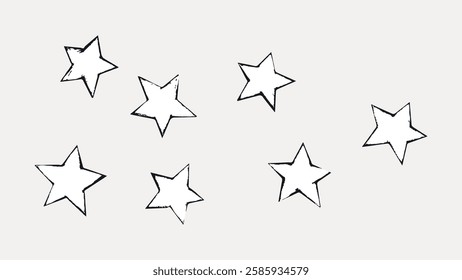 Hand-drawn black stars scattered on a light background. Sketchy stars create a whimsical, artistic feel. Simple star pattern adds a playful touch. Vintage art illustration, vector.